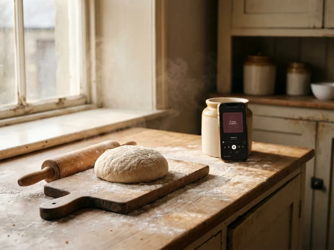 Dough on a pastry board and a phone propped against a jar in the light of a kitchen window