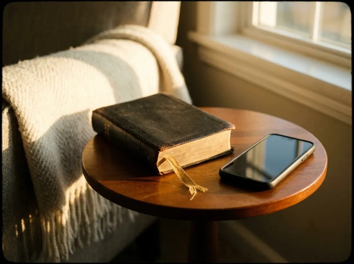 A thick leather-bound book with a ribbon and a phone on a side table by an armchair